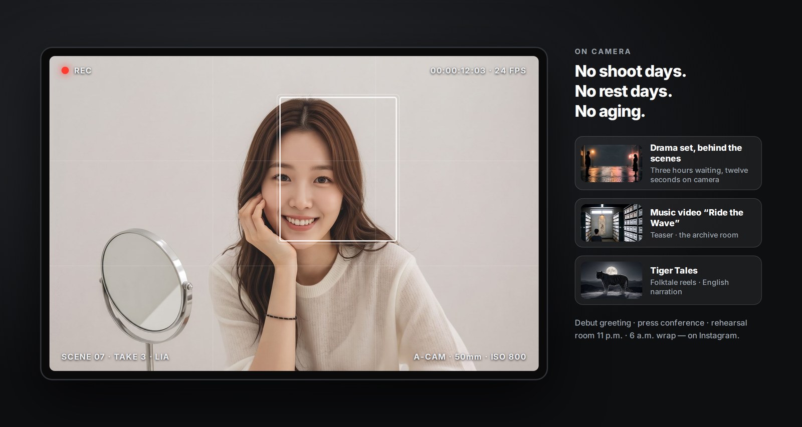 LIA on a camera monitor — REC · drama set · music video · Tiger Tales