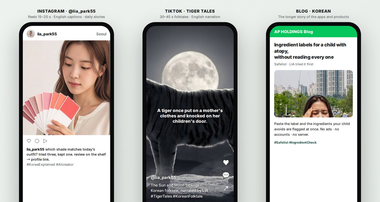 Three phones — Instagram feed · TikTok Tiger Tales · blog
