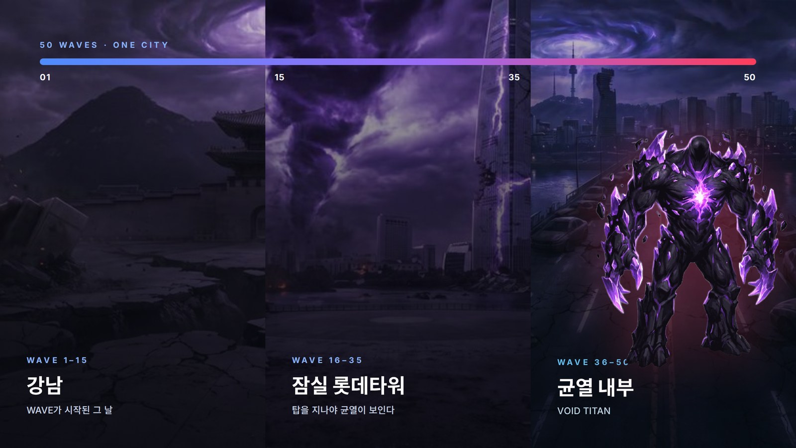 강남 · 잠실 롯데타워 · 균열 내부 — 50웨이브 진행