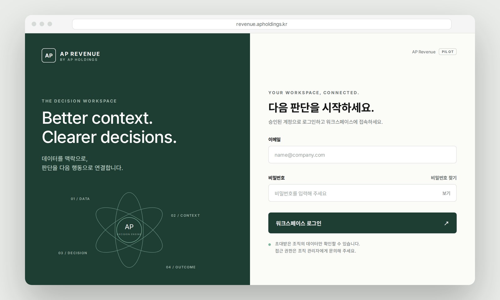 revenue.apholdings.kr 워크스페이스 로그인 — 화면 재구성