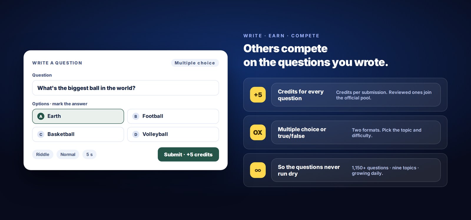 Question editor — multiple choice · true/false · credits