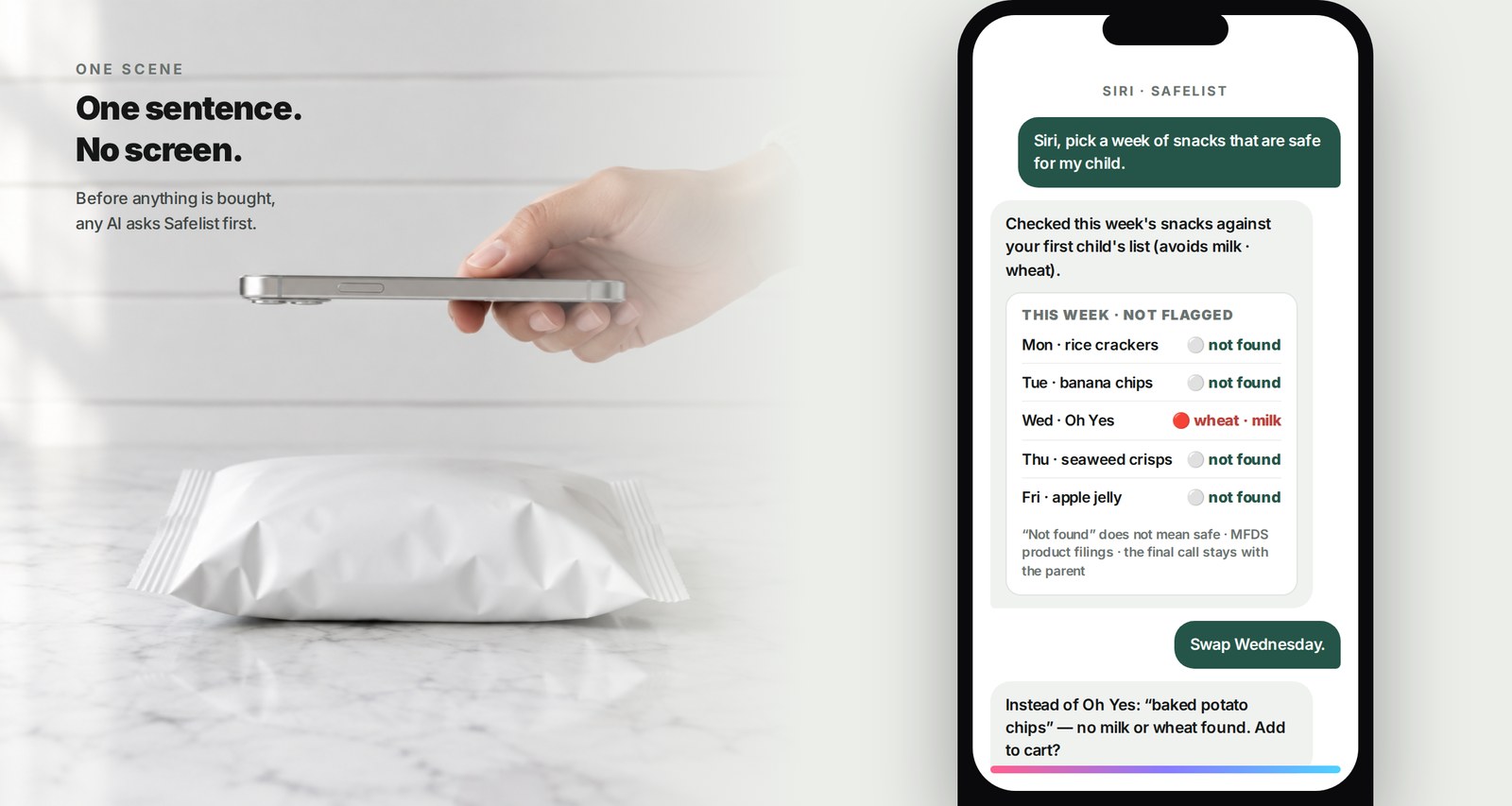 One sentence → AI → Safelist verdict → only unflagged items reach the cart