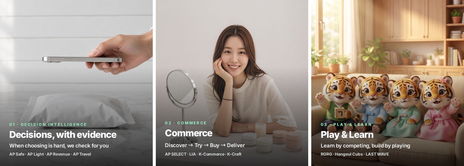Decision Intelligence · Commerce · Play & Learn — one AP engine